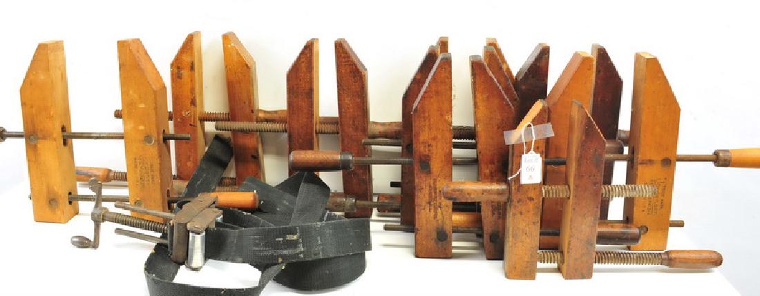 Tote of Antique Wooden Clamps: Adjustable Clamp Company and others