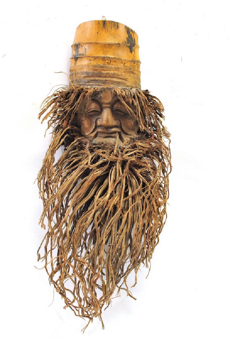 Antique Bamboo Carved Face: Carved bamboo face with bamboo root beard, wall decoration 18"