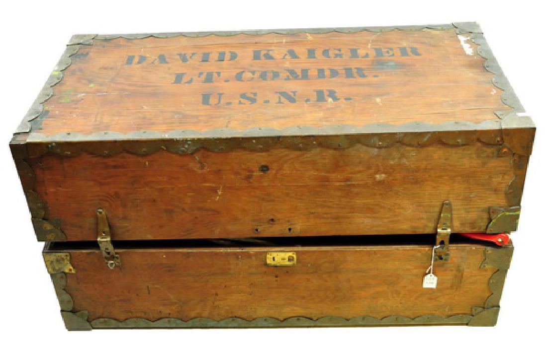 Military Footlocker of David Kaigler: Lt. Comdr. U.S.N.R. 3'4"X1'8"X1'8" and inside is a Black & Decker Leaf Hog blower/vac up to 240 mph, Titan XL255 extended life airless sprayer Professional Series, and a square head shovel.