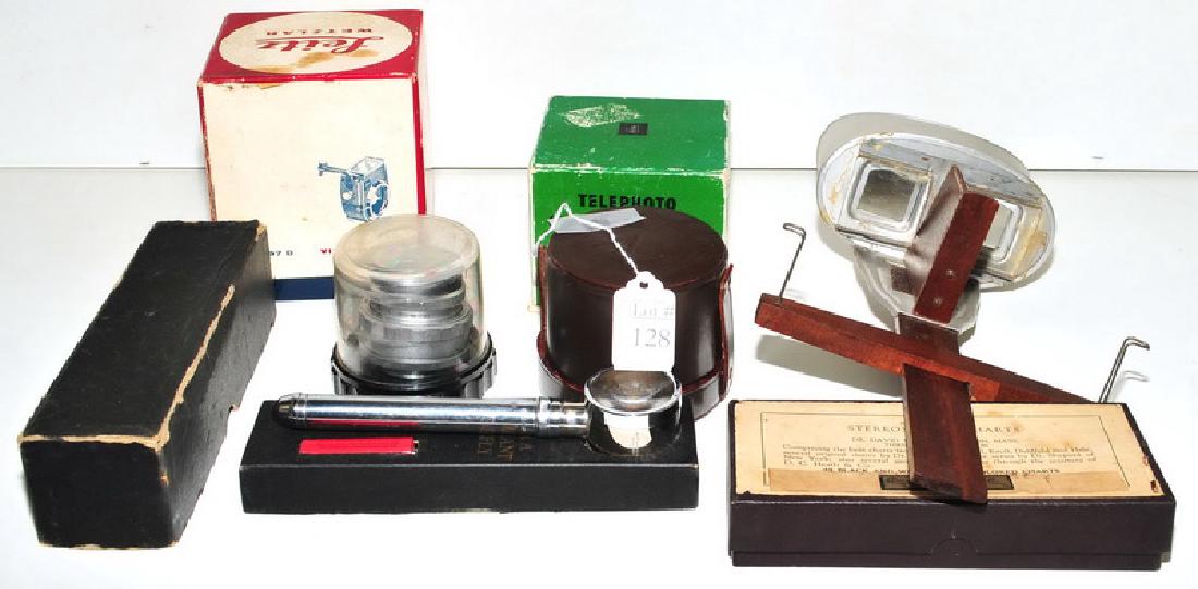 Stereoscopic Viewer and Three Camera Lens: Stereoscopic viewer is made by Underwood & Underwood NY., comes with a box of Stereoscopic Charts black and white, and colored., The Lens are Telephoto Conversion lens Rokkor F5.6/85mm for Minolta ER 