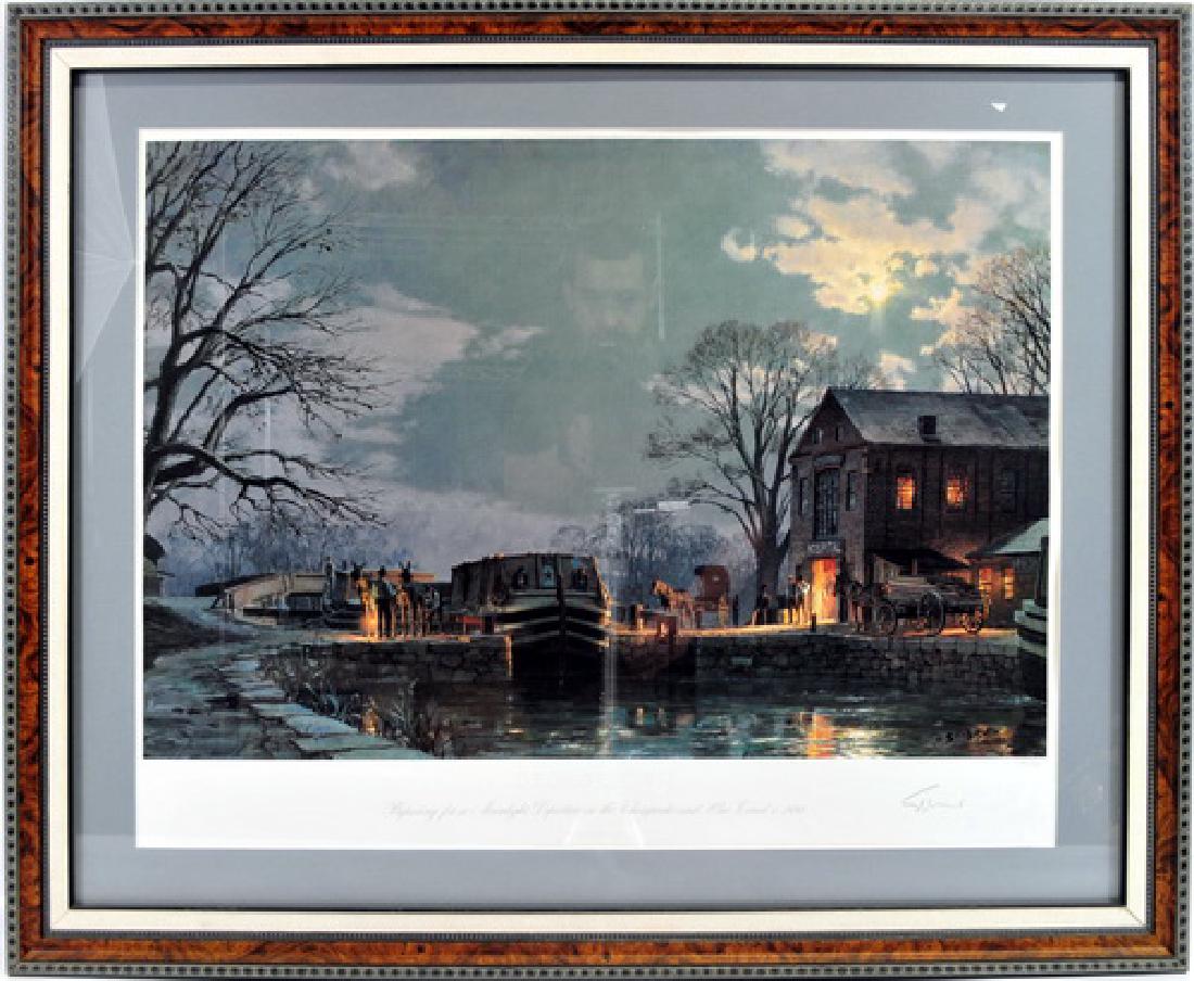 Pencil signed print by John Stobart in a: wooden frame. Georgetown, Preparing for a Moonlight Departure on the Chesapeake and Ohio Canal c. 1900, 190/850, 38X30