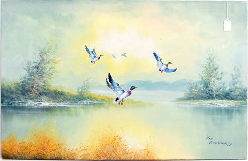 Unframed Oil On Canvas of Mallard Ducks: Signed Vin Nicholas, measures 36x24