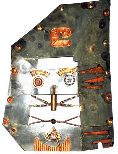 Hanging Wall Piece made of galvanized metal: Bead work and inlaid pieces Signed Escalet Dated 10/26/90. 24" x 35"