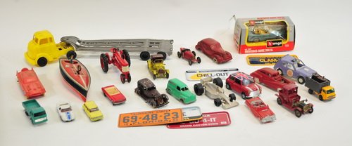 Three boxes of toys: To include Ralph Lauren ceramic classic roadsters Christmas tree ornaments, Structo metal bulldozer by Ertl Toys Pat # 3161985, UPS truck made exclusively for UPS and etc