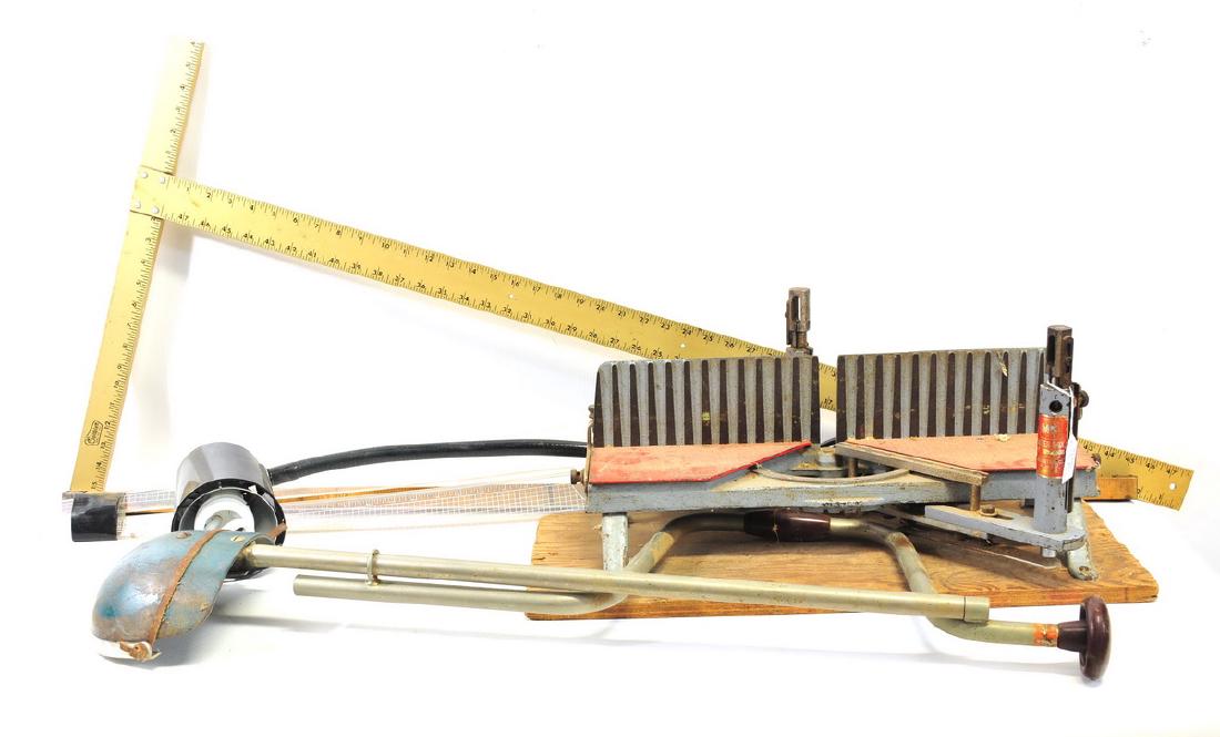 Large mix of misc. tools: To include: miter boxes, sledge hammers, wood clamps, T square, various sizes of nails, sand belts, saw and much, much more