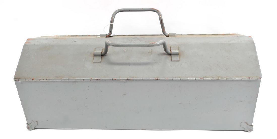Metal tool box with tools: Consisting of Sockets, Hammer, Wrenches, and etc.