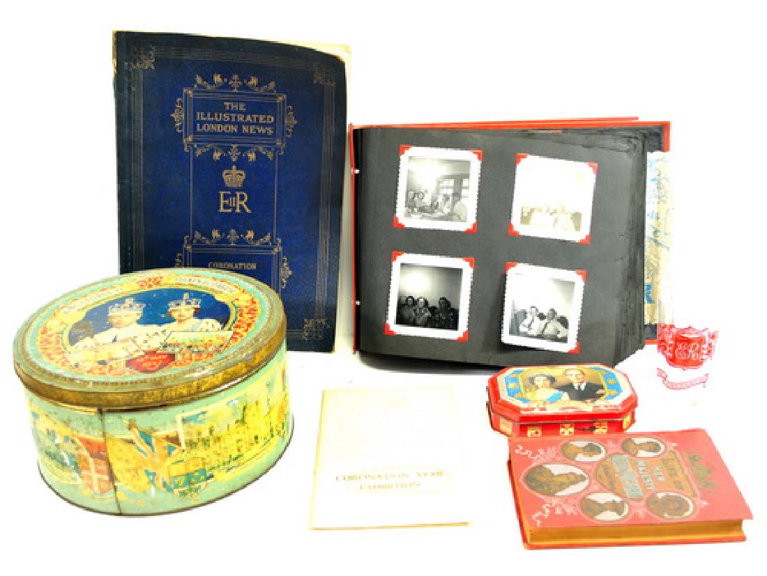 One box of Coronation items: To include: a plate of Queen Elizabeth the second Silver Jubilee 1952-1977 by Wood & Sons, Tin can of King George Coronation of Queen Elizabeth May 12th 1937, a glass of June 1953 Coronation and etc.