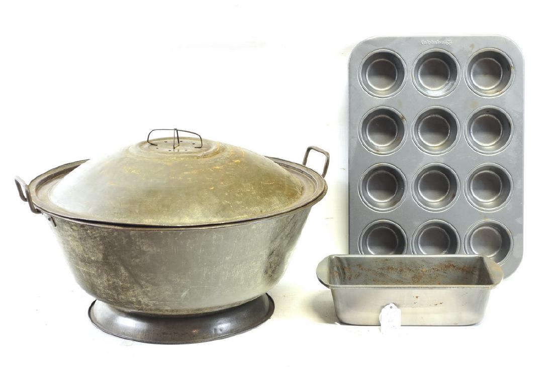 Lot to include cooking pots and pans: with extra large set of silverware with white handles