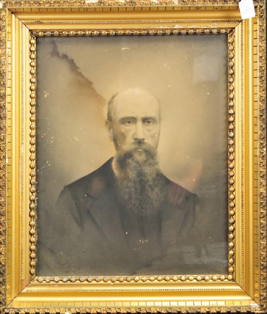 Photograph portrait of gentleman with curly: beard, old deep gold frame has some damage, portrait has water damage left top, 21 x 25