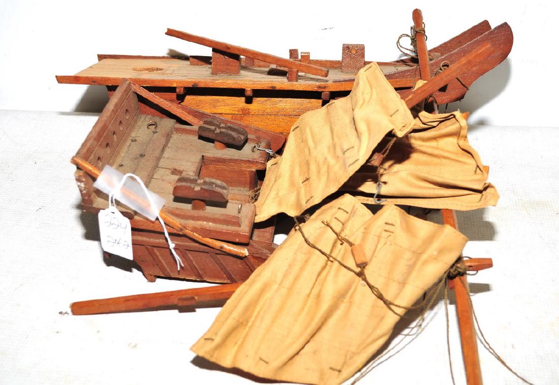 Two Antique Wooden Ship Models: Fully assembled and partial assembled, 16" and 20" with sails