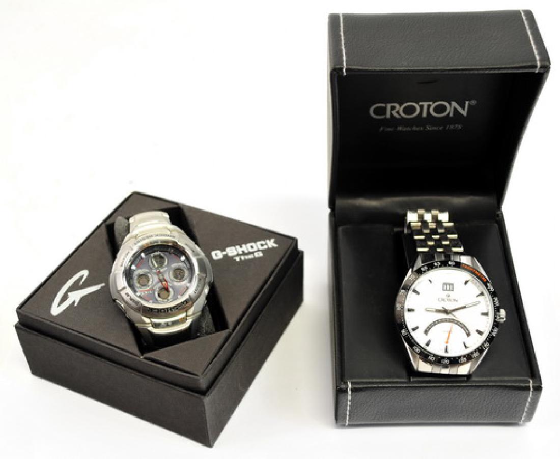 4 Men's Watches Seiko Croton G shock Dodge: Men's Croton watch in box, G-Shock watch in box, Seiko Chronograph 50M V657-9039 and a Dodge Ram watch with leather band