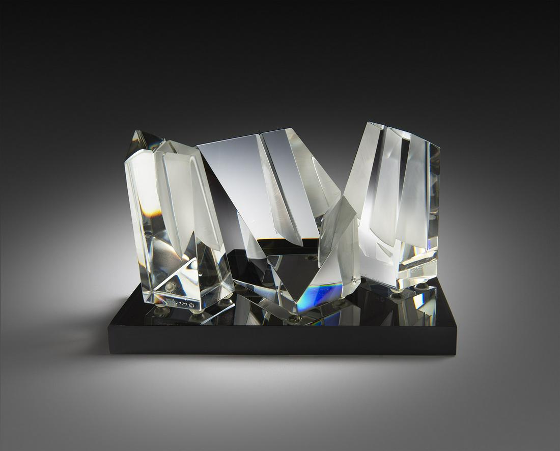 Harvey Littleton Tryptic 1979 Art Glass Habatat: Harvey Littleton, (USA), Triptych, 1979, 6 x 8.5 x 4.75 inches. A very rare carved crystal triptych by the father of Studio Glass in America. This particular piece was based on the artist's exploratio