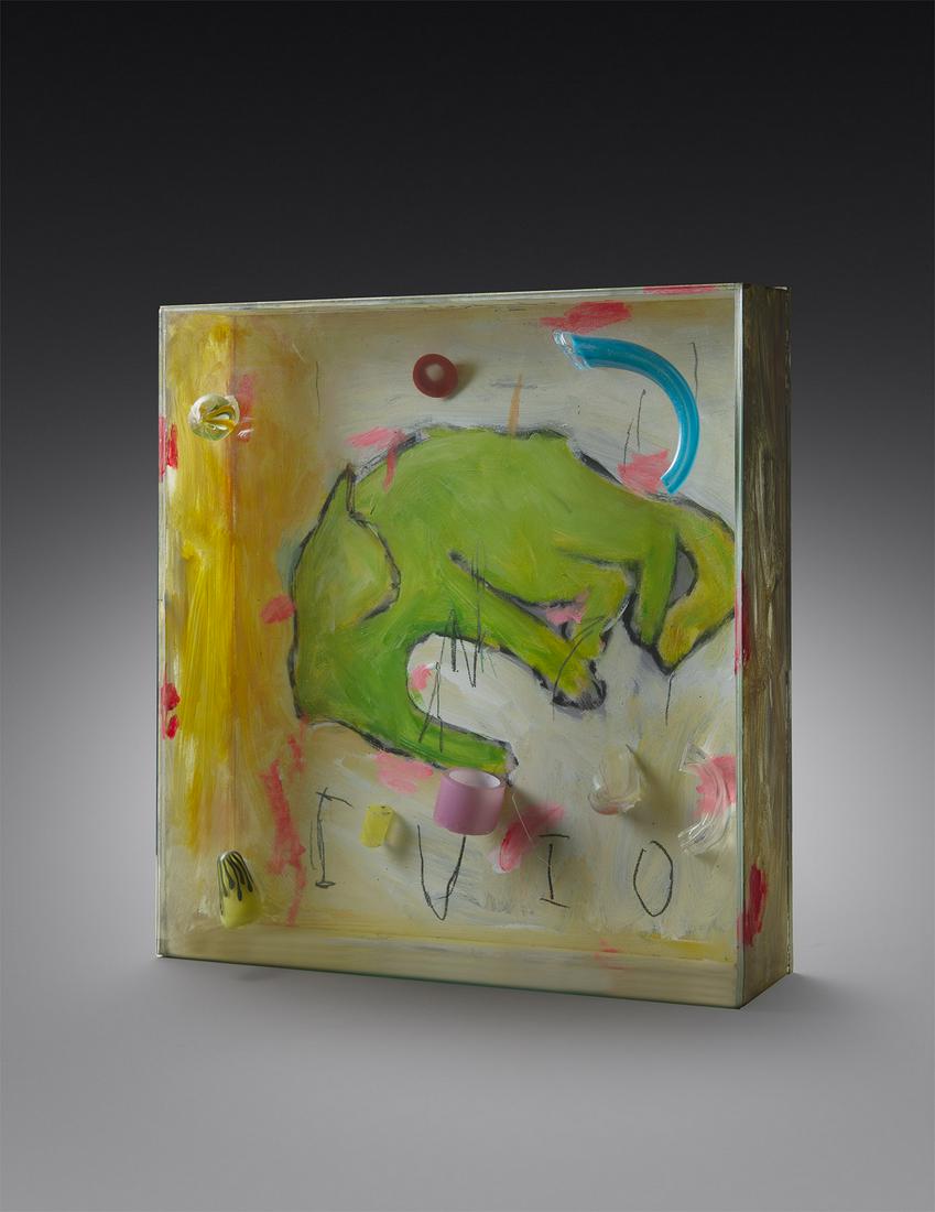 Therman Statom IVIO Art Glass Habatat: Therman Statom (USA), IVIO, Circa 1995 . 16 x 16 x 3 inches. A laminated glass and painted wall mounted sculpture. Therman Statom is a very unique artist whose themes are fun to interpret. This work f