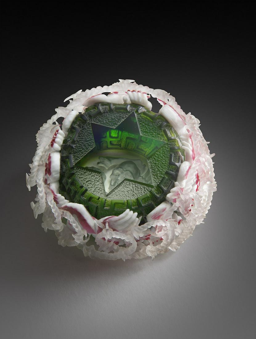 Barry Sautner Holocaust Paperweight Art Glass Habatat: Barry Sautner (USA), Holocaust Paperweight, 1988. 2 x 4 x 4 inches. A haunting theme is beautiully portrayed using the ancient Roman diatreta technique, allowing the artist to bring the past into the