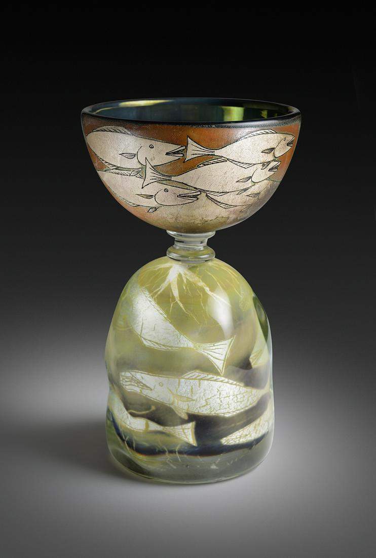 Hiroshi Yamano Fish in Water 16 Art Glass Habatat: Hiroshi Yamano (Japan), Fish in the Water #16, circa 1998. Blown, hot sculpted glass, foil. 9.5 x 5.5 x 5.5 inches. Acquired from the Running Ridge Gallery (NM), From a private collection. Signed by t