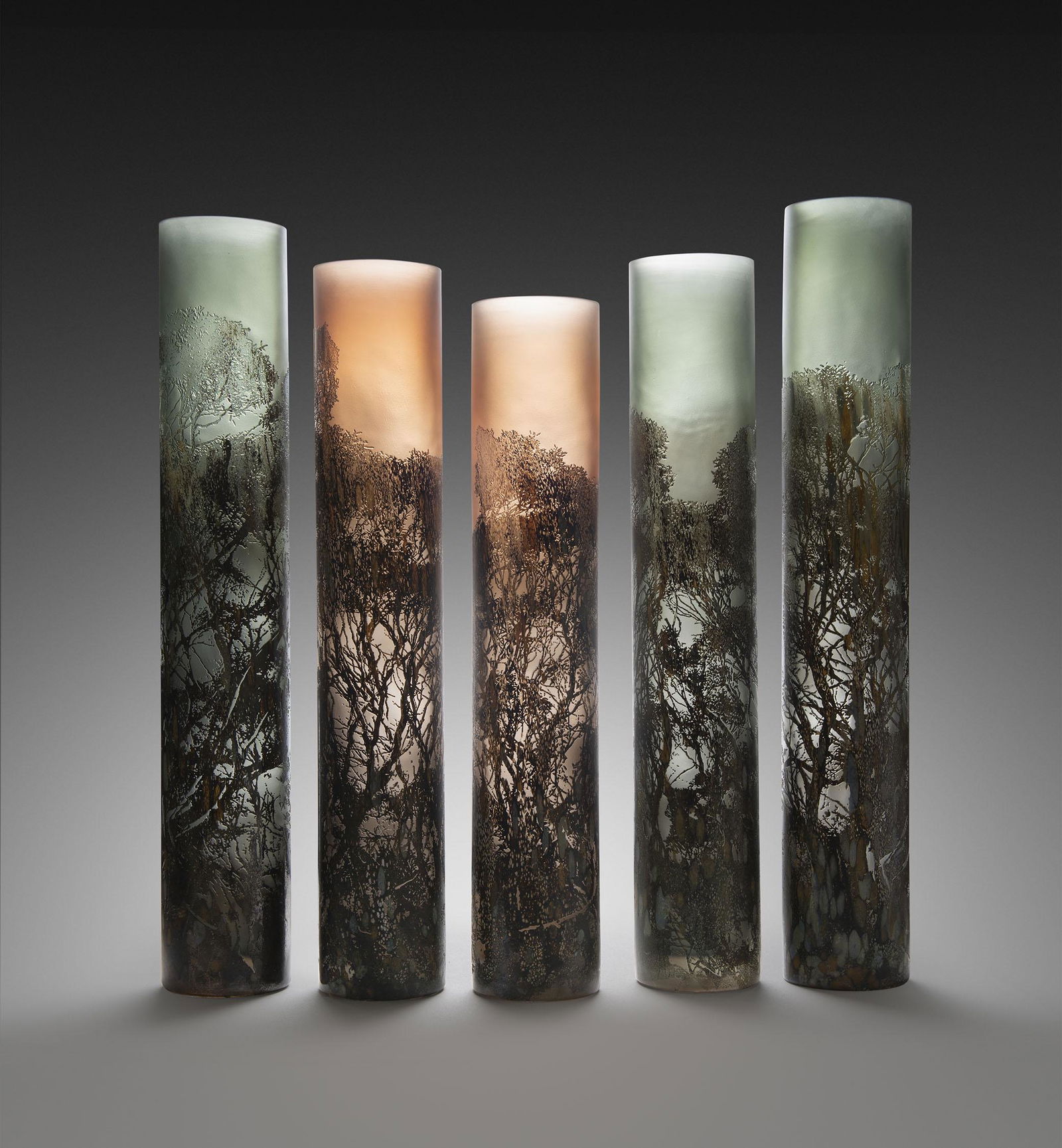 Holly Grace Charlotte Pass Art Glass Habatat: Holly Grace (Australia), Charlotte Pass, 2013. 24.5 x 19.5 x 3.75 inches. A 5-part blown glass with glass powder, metal leaf surfaces. Features sandcarved landscape imagery. Acquired from the Sabbia G