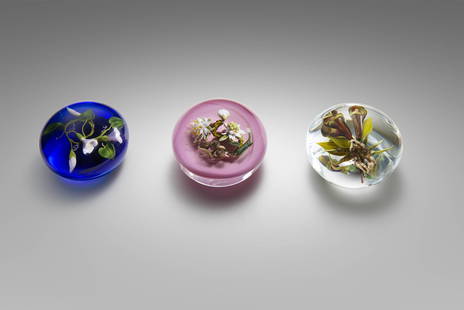 Paul Stankard 3 weight collection Art Glass Habatat: Paul Stankard (USA), Botanical Weight A257, 1984. 3 1/8 inches. Goat's Beard Paperweight 83, 1989 3 5/16 inches. Loaned to the Huntington Museum in 1995. Earth Spirit M12, 1996. 2.25 x 3 x 3 inches.
