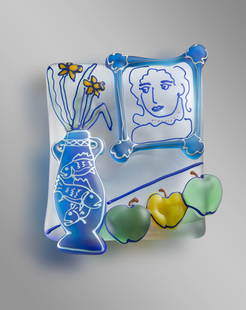 Richard Jolley Still Life Portrait Art Glass Habatat: Richard Jolley (USA), Still Life with Portrait, 1989. 10.5 x 8.25 x 1.75 inches. A rare wall mounted portrait sculpture by the legendary artist. Recently the artist completed a large installation at