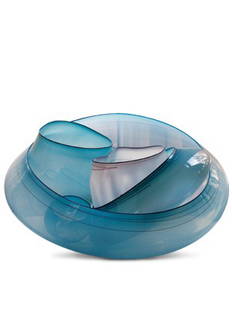 Dale Chihuly "Robin's Egg Blue & W.B. Set" Glass: CONTEMPORARY ART GLASS "Robin's Egg Blue and White Basket Set", a beautiful 12 piece blown glass sculpture by Dale Chihuly, 2000. Acquired during Habatat Galleries' Glass Tour in 2005. Signed and date