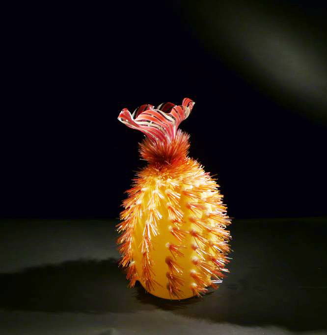 Flo Perkins "Cactus with Venetian Flower": Blown and assembled glass sculpture, flo perkins:signed and dated by the artist ARTIST: Flo Perkins YEAR: 1986 SIZE: 16 x 10 x 9 Studio glass art contemporary art glass