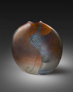 William Morris Shard Vessel 1980 Art Glass Habatat: William Morris (USA), Shard Vessel, circa 1980. 13 x 13 x 3 inches. A very early blown piece in this legendary artist's career. This vessel displays the shard pick-up technique for which he has