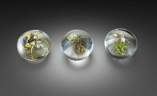 Paul Stankard Set of 3 Clear Paperweights Art Glass: Paul Stankard (USA), Set of Three Unique Paperweights. From the collection of Michael and Annie Belkin.LEFT: Blueberries and Blossom Paperweight B64, 1986. 3.5 x 3.5 x 2.5 inches. Displayed at the Ken