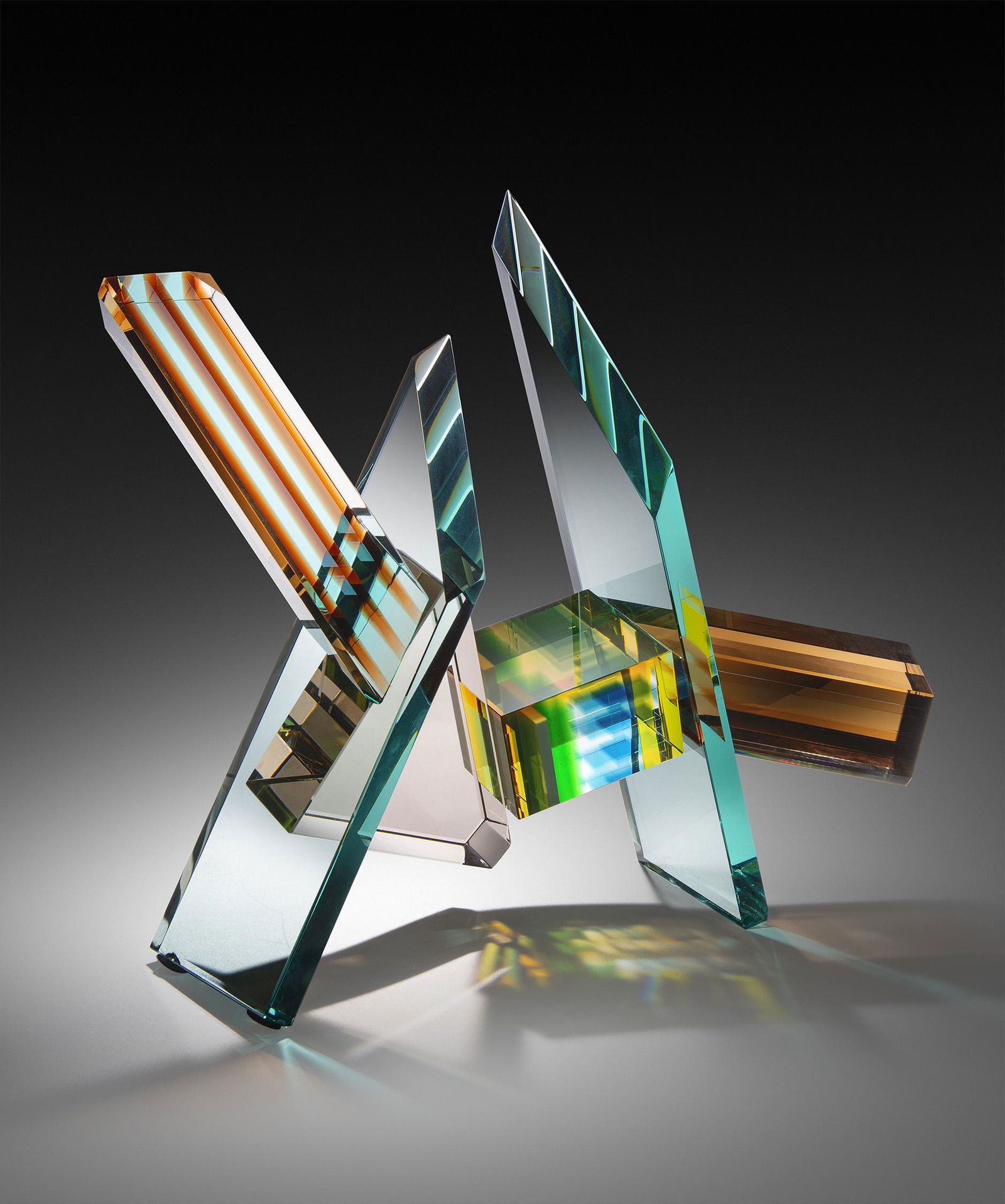 Michael Taylor Kanazawa Series 31 Art Glass Unique: Michael Taylor (USA), Kanazawa Series #31, 1989. 19 x 21 14 inches. A unique cut and laminated glass sculpture. This is a beautiful optical experience sculpted by well-known artist, Michael Taylor. As