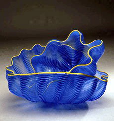 Dale Chihuly "Larkspur Seaform Pair with Golden Lip : Artist: Dale Chihuly Year: 2000 Size: 14 x 12" blown glass with plexi glass case and Chihuly Seaform book for more images please contact Corey@Habatat.com