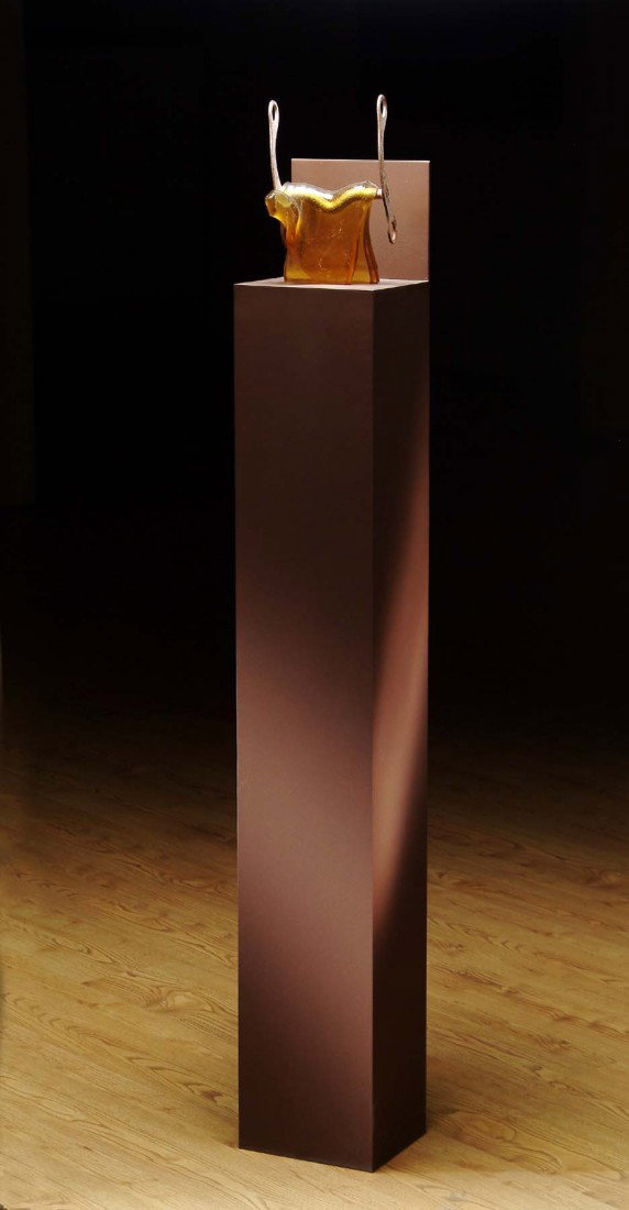 Mary Shaffer "gold bit and steel stand": Artist: Mary Shaffer Year: 2001 Size: 56.5 x 8 x 6.25 with stand slumped glass, and fabricated pedestal for more images please contact Corey@Habatat.com