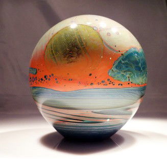 John Lewis "early moon bottle": Artist: John Lewis Year: 1976 Size: 4 x 4 blown and fumed glass depicting a sunset for more images please contact Corey@Habatat.com