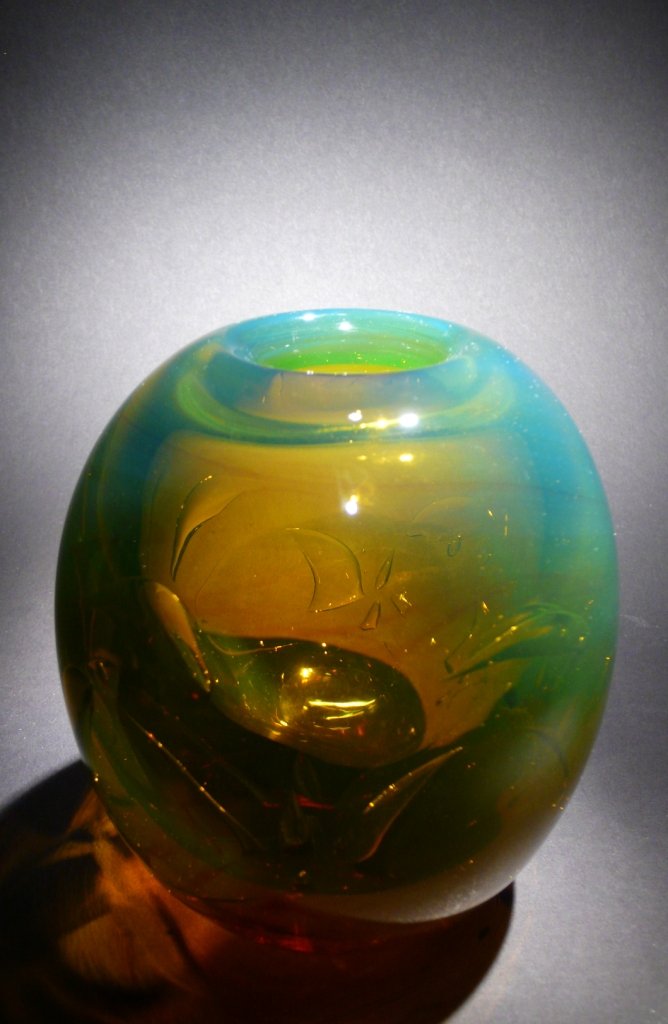 Dominick Labino 'Untitled' amber vase: Blown glass amber vase with subtle decorative bubble designs 5 ¾ '' x 5 '' x 5 '' 1972