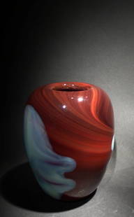 Dominick Labino 'Untitled' dark burgundy vase: Blown glass dark burgundy vase with blue design 5 ¼ '' x 4 ½ '' x 4 ½ '' 1972