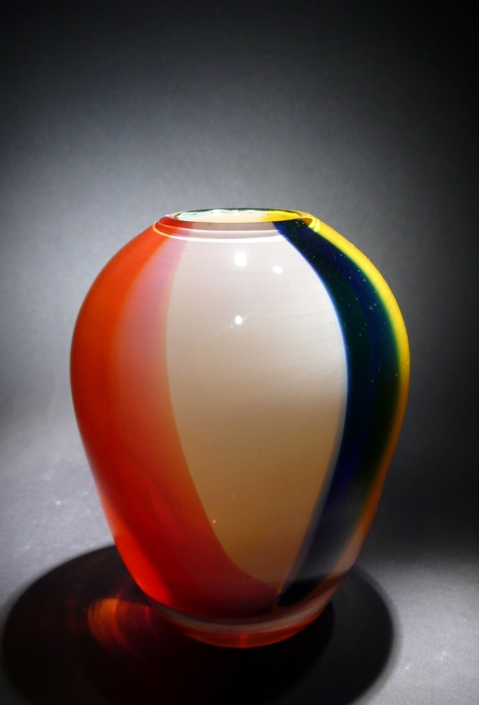 Dominick Labino 'Untitled' orange, white, navy and: Blown glass vase with orange, white, navy, and yellow 6 ¼ '' x 4 ¾ '' x 4 ¾ '' 1977