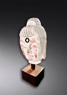 Marlene Rose Mini Buddha Lilac Art Glass: Marlene Rose (USA), Mini Buddha Lilac, 2022. 10 x 4 x 3 inches. A sandcast glass sculpture with metal stand by the Florida base artists. Rose is known for her colorful glass sculptures. From a private