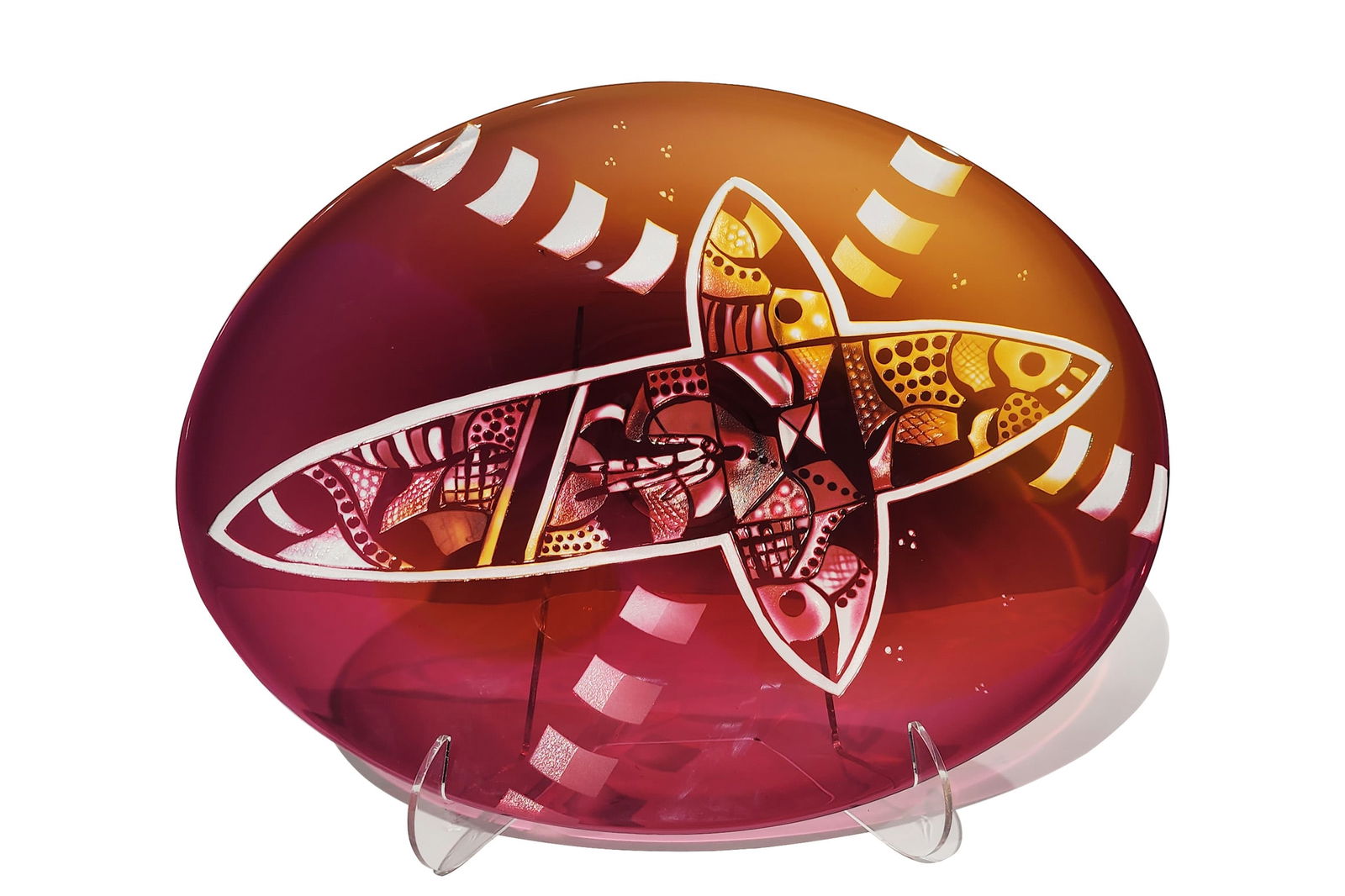 Bertil Vallien Etched Glass Plate Art Glass: Bertil Vallien (Sweden), Etched Glass Plate, circa 1992. 2 x 18.5 x 14.25 inches. A blown and sandblasted plate containing many small geometric forms. Acquired from Kosta Boda. From a private collecti