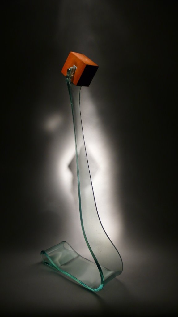 Mary Shaffer: slumped glass and steel with patina 31 x 13.5 x 4.5"
