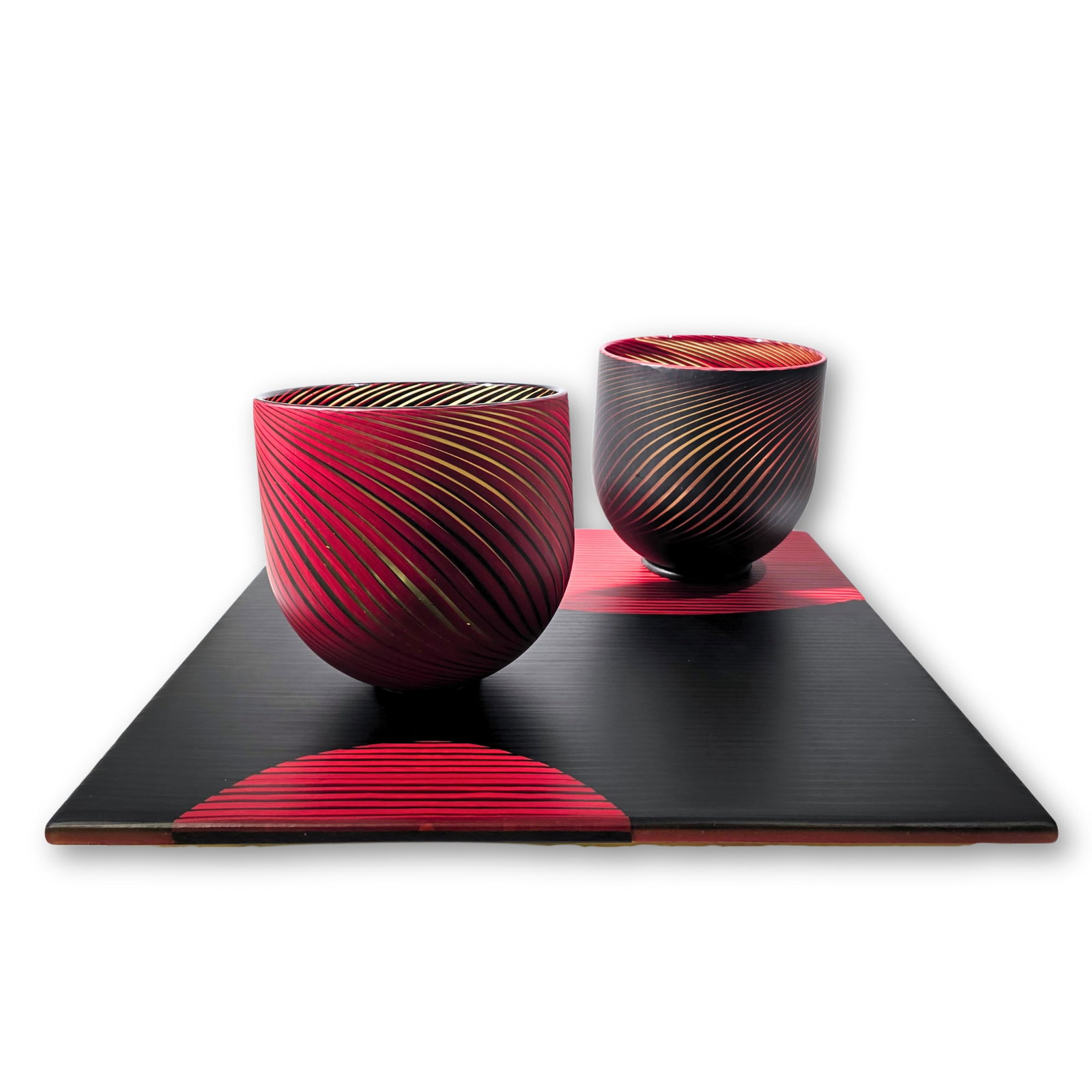 Steven Klein Balance 64 Art Glass Unique Vessels: Steven Klein (USA), Balance 64, 2007. 8.25 x 18.5 x 18.5 inches. Vessels 7 x 7 x 7 inches. A three part red and black blown and carved glass sculpture by the Washington based artist who is still worki