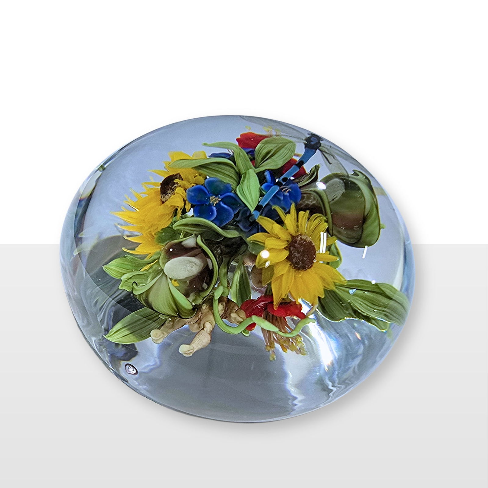 Paul Stankard Dragonfly and Earth Spirit Paperweight Art Glass Sculpture: Paul Stankard (USA), Dragonfly and Earth Spirit Paperweight, circa 1996. 3 x 2.5 x 2.5 inches. A flameworked paperweight by one of the best artists working in flameworked glass in the world. This work