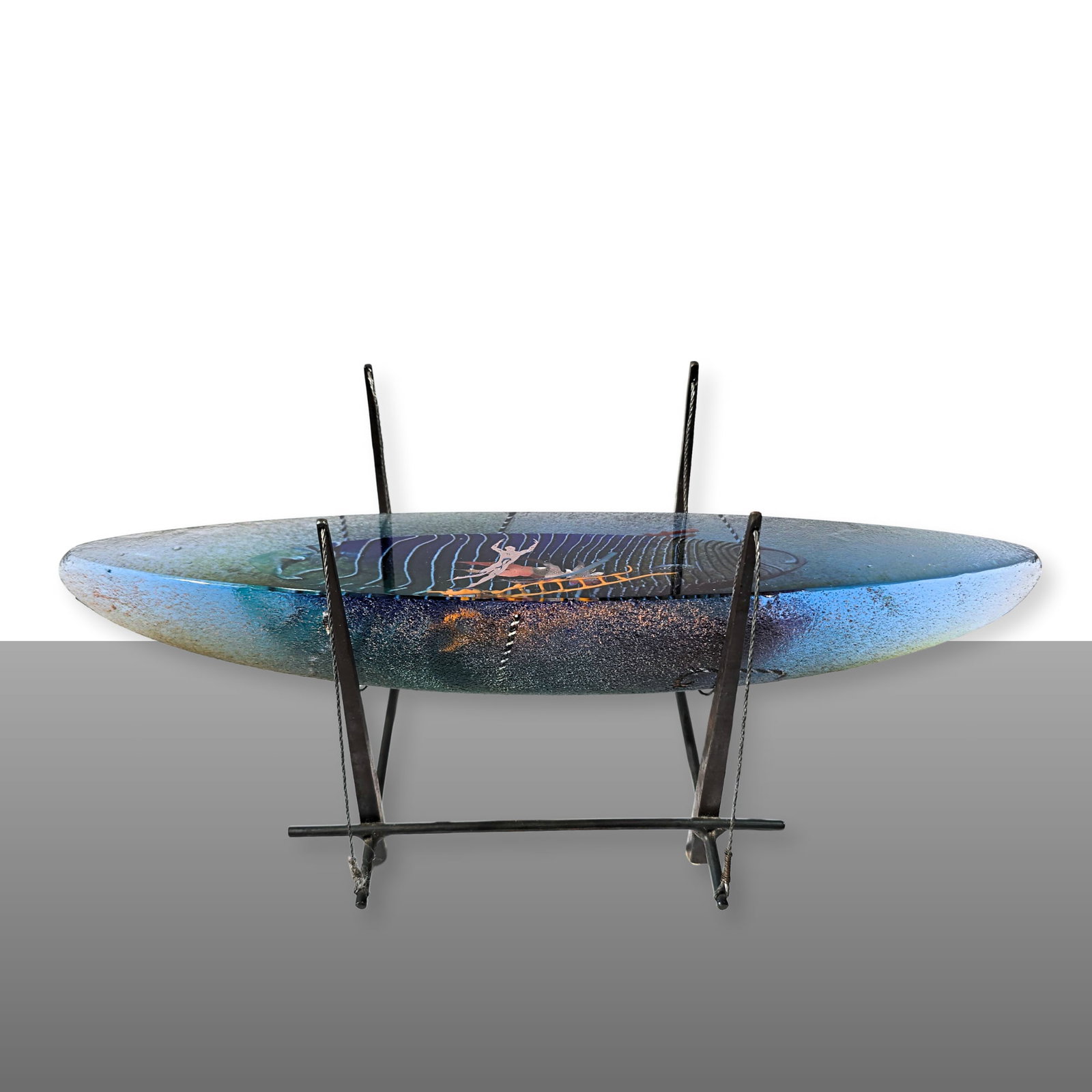 Bertil Vallien Passage Boat Art Glass Sculpture: Bertil Vallien (Sweden), Passage Kosta Boda, 1997. 5.5 x 13 x 6 inches. This iconic boat discusses the journey of life in this complex sculpture. This sandcast sculpture includes the wire display stan
