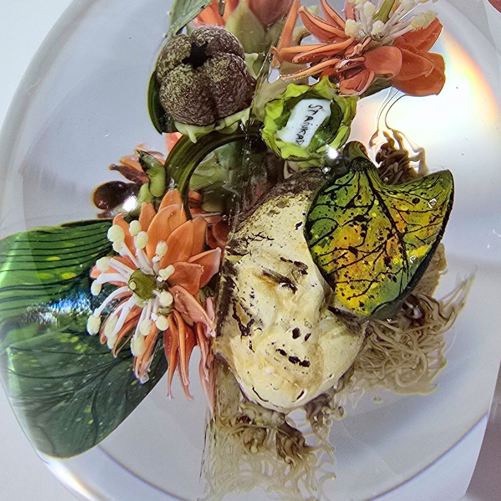 Paul Stankard Botanical Inset & Mask Paperweight 368 Art Glass - 2