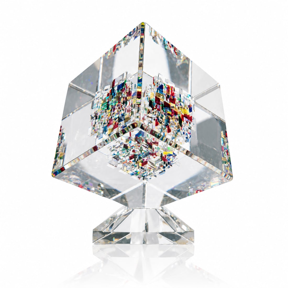 Jon Kuhn Pallas Art Glass Cube Sculpture Art Glass: https://www.youtube.com/watch?v=8R5pDSskLO8 Jon Kuhn Country of origin: American Title: Pallas Art Glass Cube Sculpture Date: 1987 Dimensions: 9.5 x 8.25 x 8.25 inches Process and material: precision-