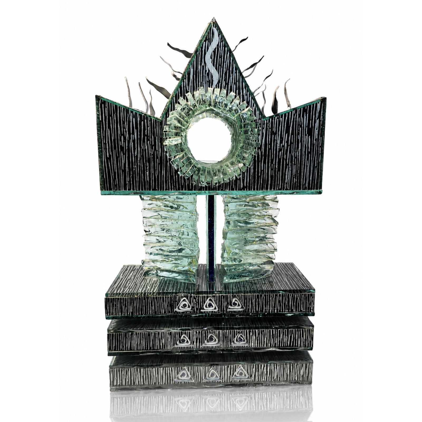 Leslie Ott Temple Box Glass Sculpture Art Glass: https://www.youtube.com/watch?v=Mcsc9ixD9Ew Leslie Ott Country of origin: American Title: Temple Box Date: Circa 1993 Dimensions: 19 x 11 x 5 inches Process and material: Blown glass assemblage incorp