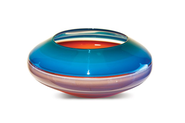 Habatat - Sonja Blomdahl, Untitled Vessel, Glass Art: Sonja Blomdahl, Untitled Vessel, 1989. 8 x 16 x 16”. (Poole collection & comments) “This was one of the first glass pieces we purchased. We were fascinated by the way a warm blue bubble had been m