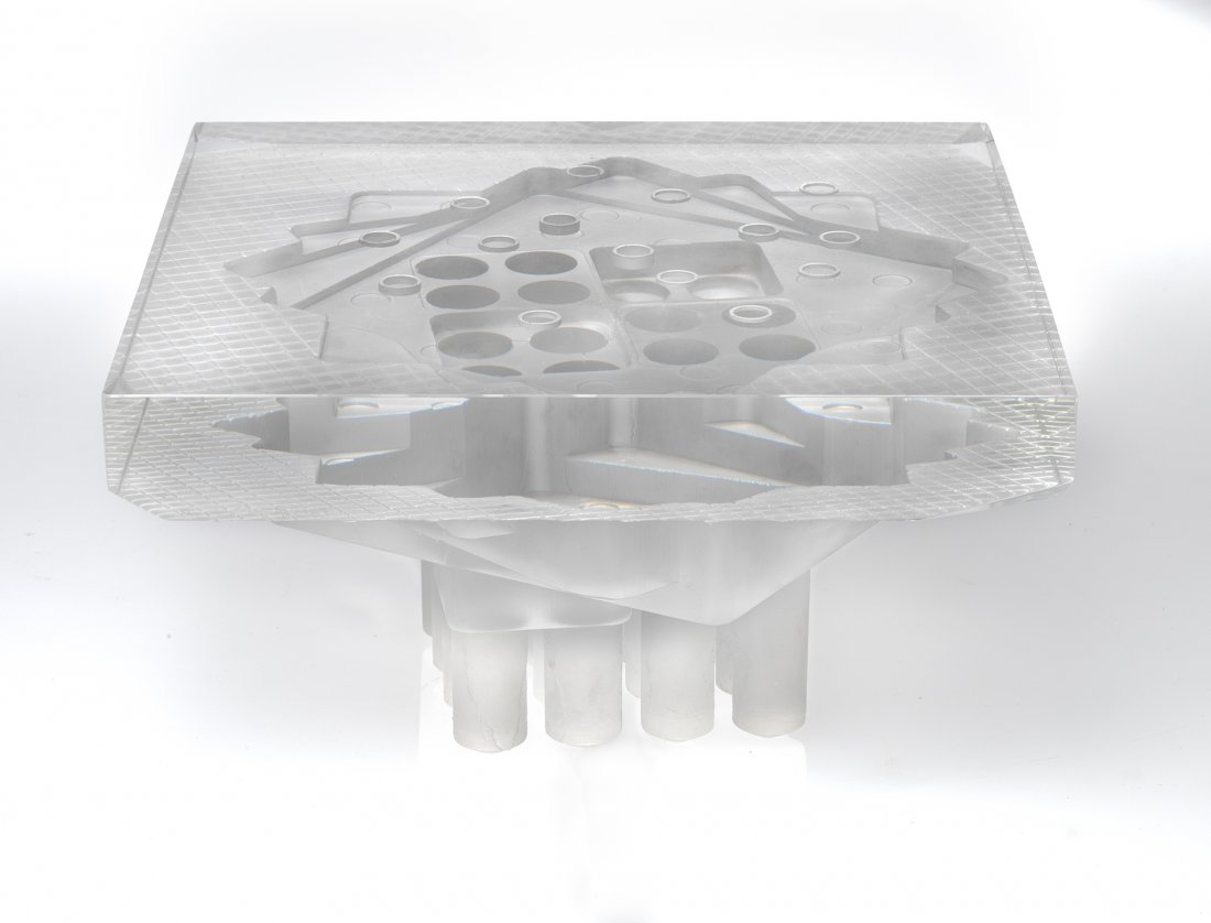 Habatat- Steven Weinberg Untitled, Glass Fine Art: Steven Weinberg (American), Untitled, circa 1995. 6 x 8.5 x 8.5”. This architectural statement in crystal is from the series that distinguished Steven Weinberg’s early career. Setting on a series