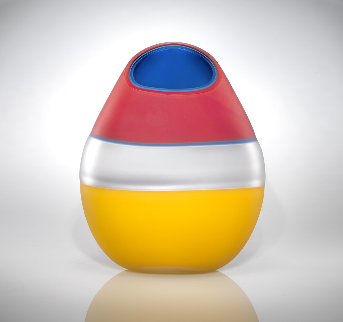 Habatat - Jamie Harris Heated Orb, 2001 Glass Art: Jamie Harris (American), Heated Orb Series, 2001. 15 x 11 x 5”. A 3 layered blown, cut, acid polished glass vessel with blue interior from the “Heated Orb Series”. From the Robert and Liz Turiss