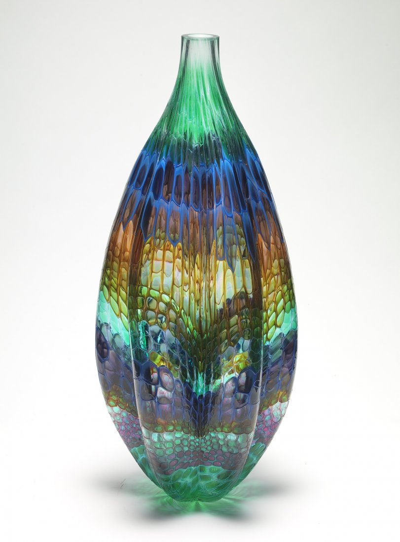 Habatat Stephan R. Powell Passion Okra Glass Art: Stephan Rolfe Powell (American), Passion Okra Johnson, 1990. 32 x 14 x 14”. Comprised of over 2000 glass elements with an undulating form it gives the appearance of elaborate and kinetic stained gla
