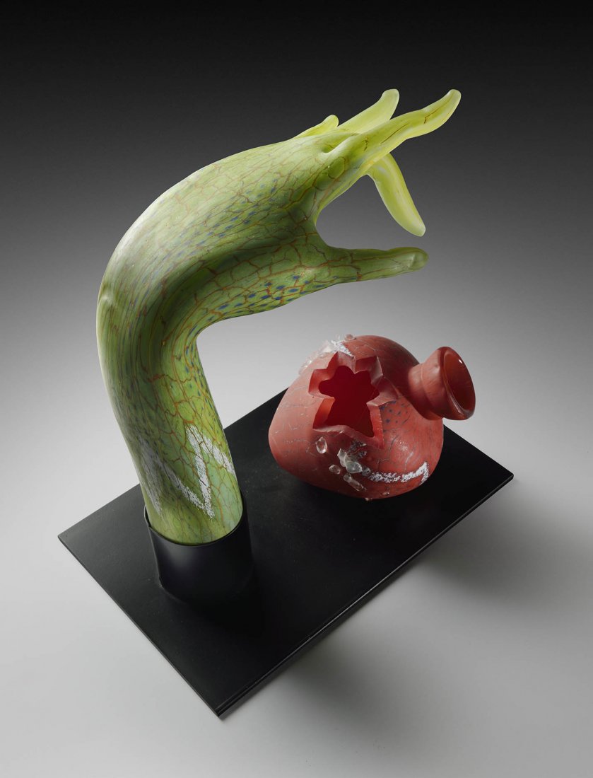 Joe Hobbs Native Hand Vessel Glass Art Habatat: Joe Hobbs (American), Native Hand Broken Vessel, 2006. 10 x 9 x 6?. Known for his narrative works, the artist is a master of sculpting hands. An excellent example of his hot glass work. From the colle