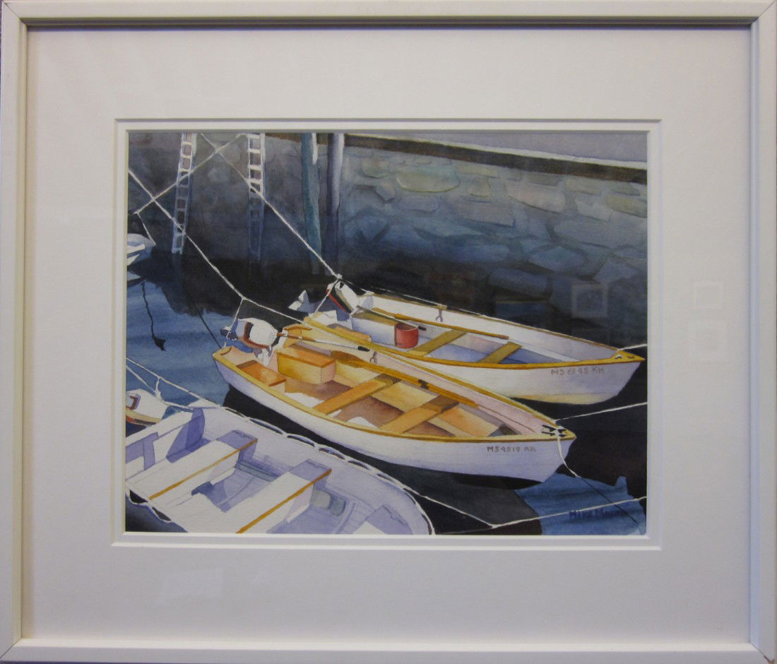 Dinghies Low Tide: Artist: Mike Mazer, Medium: watercolor, Image Size: 10x14, Framed: 16x18