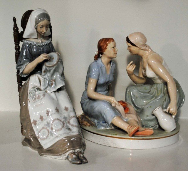 Lladro Figural and Royal Dux Group (as is): Note condition: Royal Dux figure has a slight age crack.