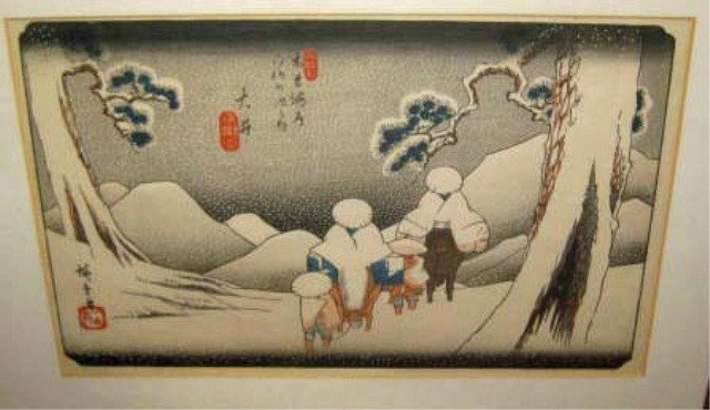 Group of Four Japanese Wood Block Prints: Various subject matter. All matted and framed under glass.. Samurai study and court figures. One signed Hiroshigi.